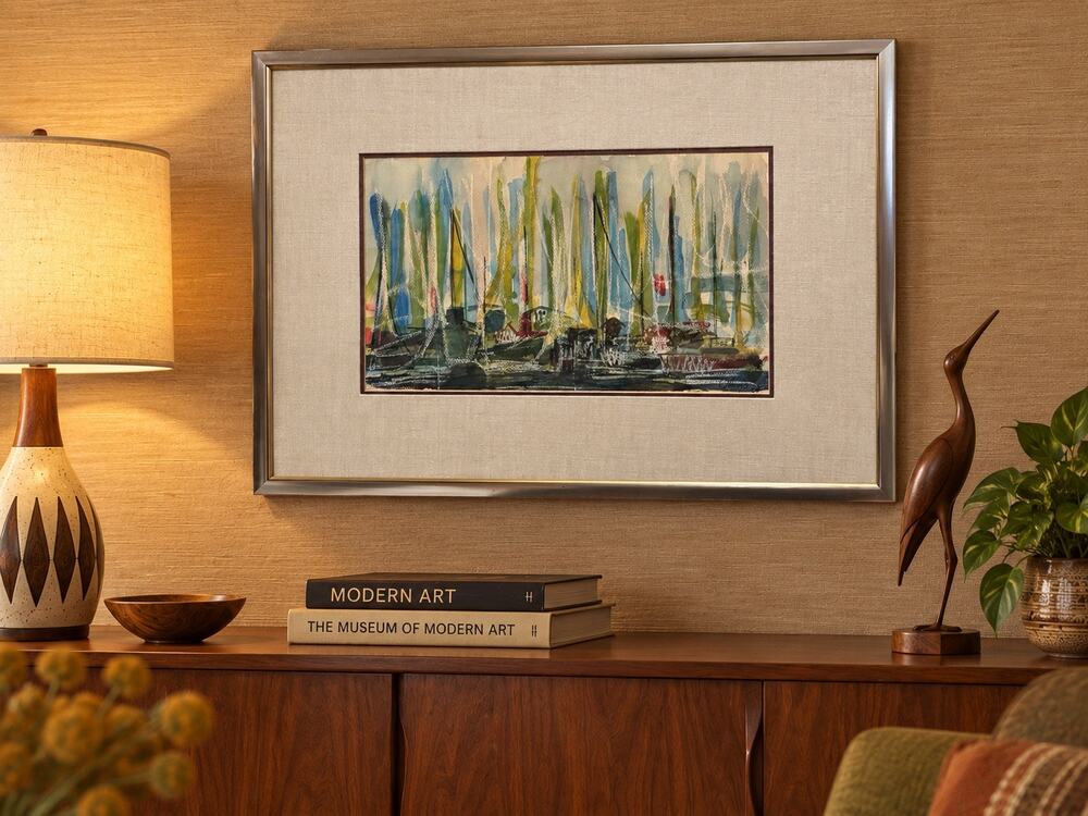 C. Harris 1965 Original Watercolor Mid Century Modern Harbor Sailboats Framed